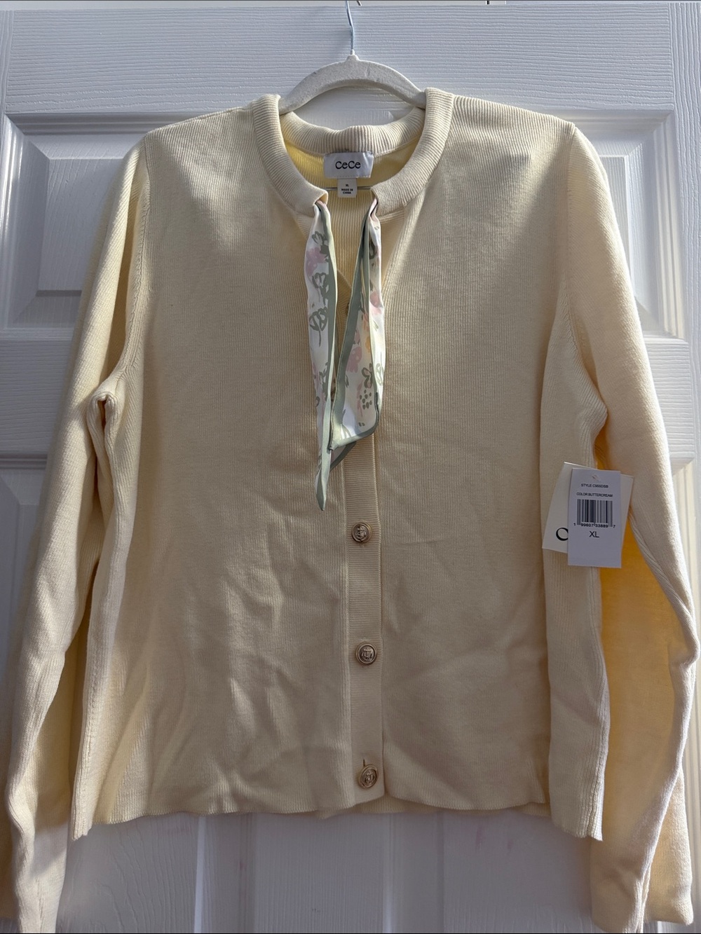 CeCe Cream Cardigan with Floral Scarf Detail